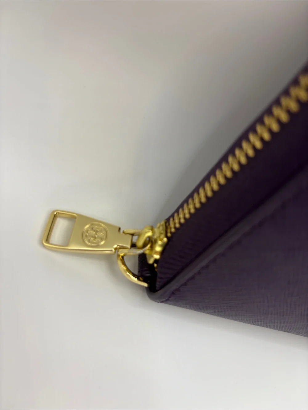Tory Burch Deep Purple Leather Zip-Around Wallet with Gold Logo